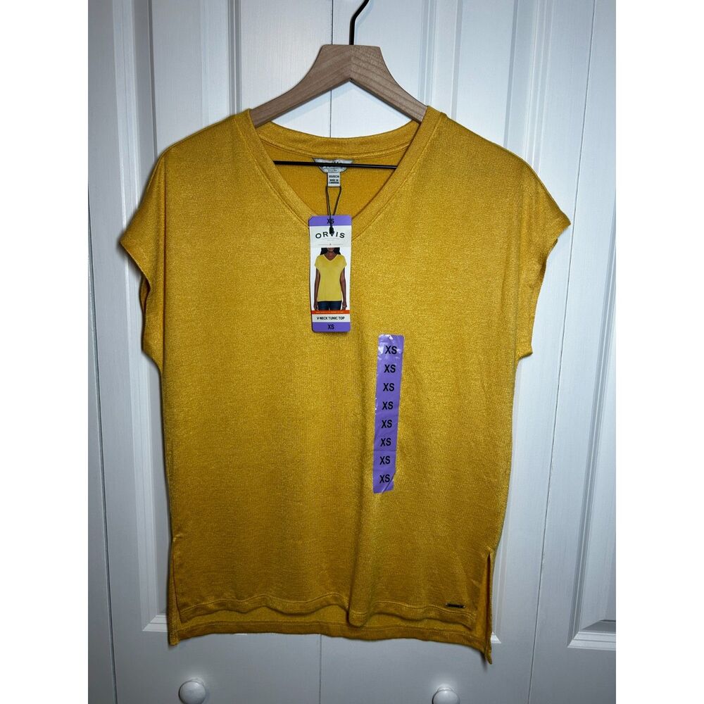 NWT Orvis Mustard Yellow V-Neck Short Sleeve Knit Tunic Top XS